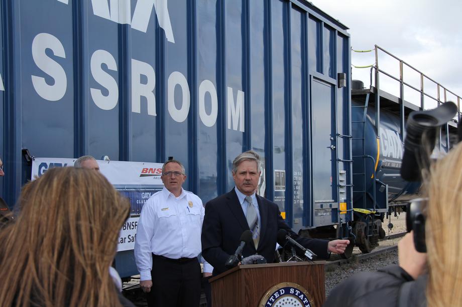 GATX Rail Safety Training-October 2014- In Fargo, Senator Hoeven kicks off a hands-on rail safety training session hosted by GATX Corporation, one of the nation’s largest railcar leasing companies, and BNSF Railway. 
